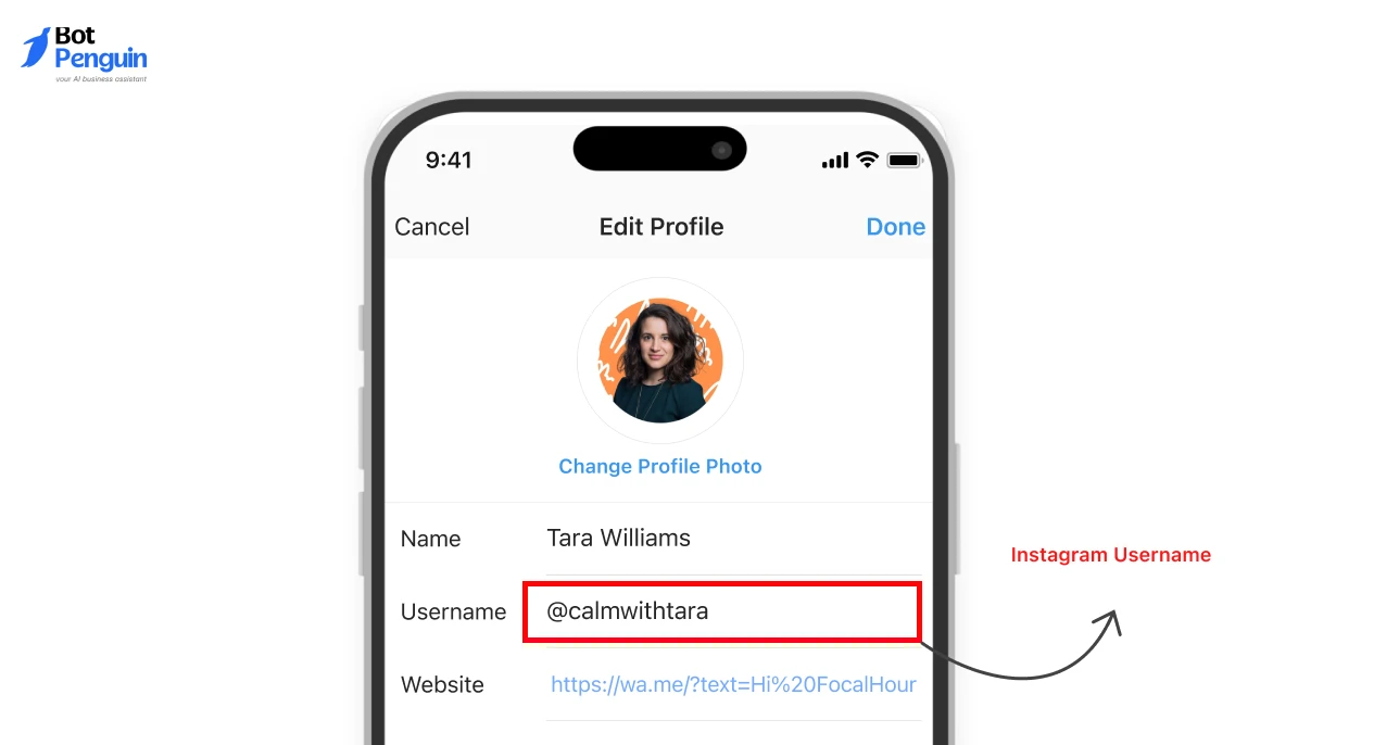 Instagram profile edit screen showing a creative username example for personal branding and social media identity.
