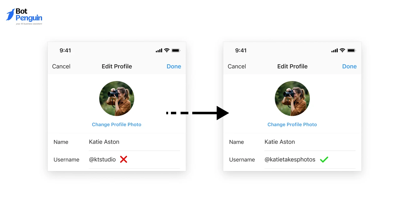 Comparison of a weak and strong Instagram username showing how clear and memorable usernames improve branding.