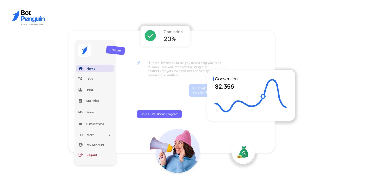 BotPenguin affiliate dashboard displaying chatbot SaaS affiliate earnings, conversions, and recurring commission tracking.