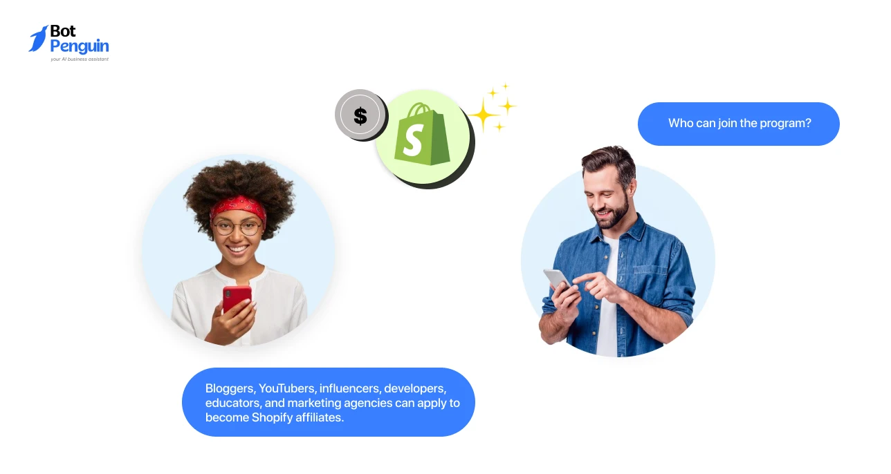 Shopify affiliate program illustration showing eligibility for bloggers, influencers, marketers, and ecommerce creators.