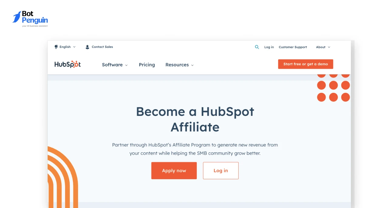 HubSpot affiliate program landing page featuring CRM and marketing automation affiliate partnership opportunities.