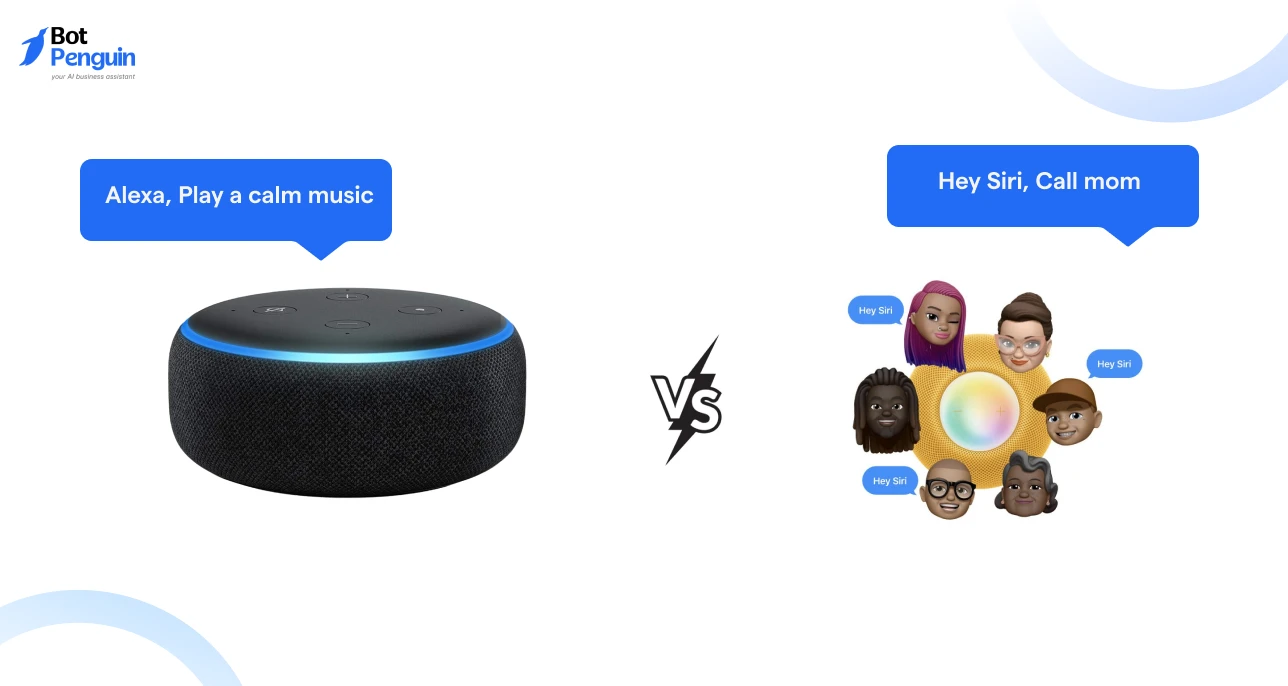 Visual comparison between Amazon Alexa smart speaker and Apple Siri voice assistant for smart home and voice command usage.