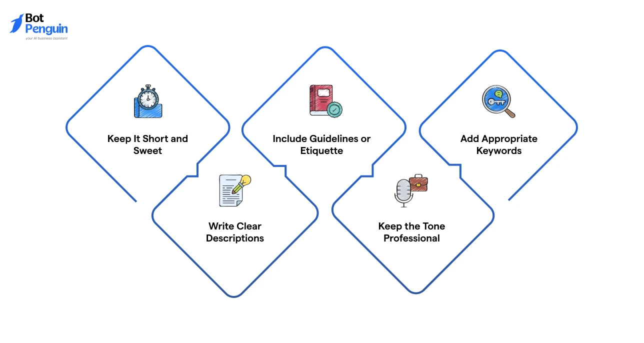 Infographic showing tips to write a professional WhatsApp business group description including clear wording, keywords, and etiquette guidelines.