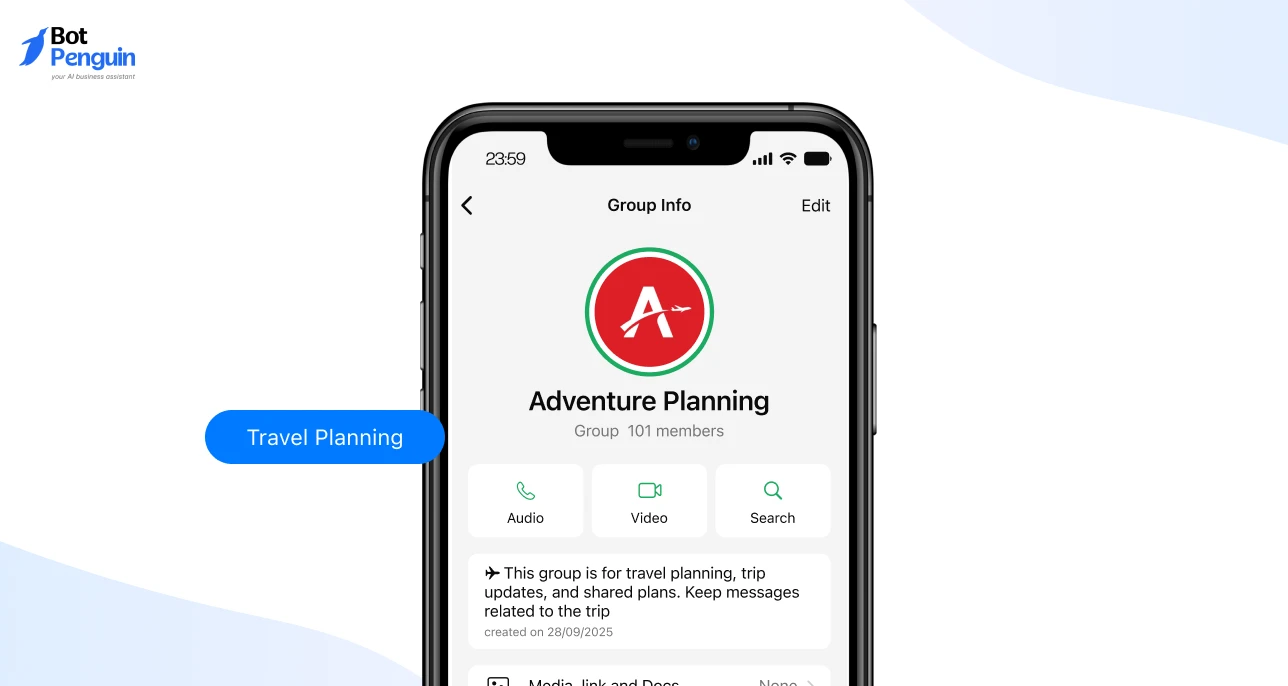 WhatsApp travel planning group description example for sharing trip updates, itineraries, and travel coordination details.