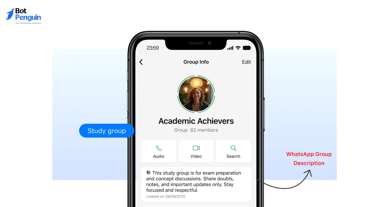 Study group WhatsApp description example for exam preparation, sharing notes, doubts, and academic discussions.