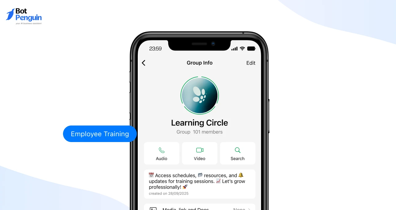 Employee training WhatsApp group description sample for sharing schedules, learning resources, and professional updates.