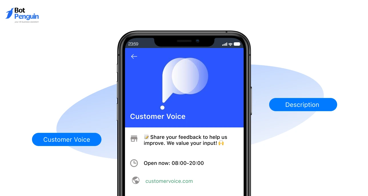 Customer feedback WhatsApp business group description encouraging users to share feedback, reviews, and suggestions.