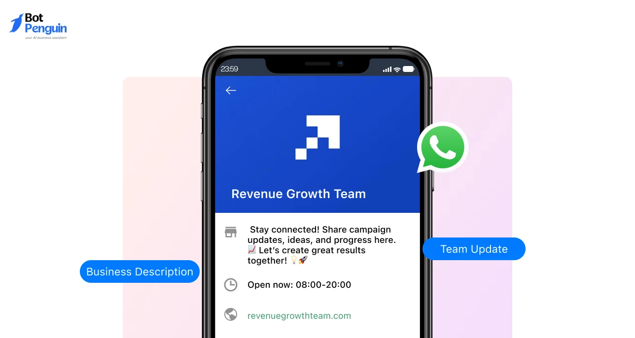 Marketing team WhatsApp business group description example for campaign discussions, announcements, and project coordination.