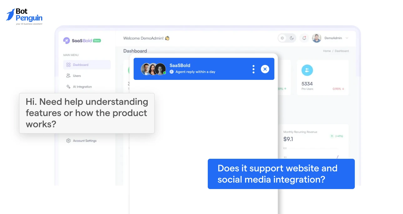 SaaS website live chat welcome message example for product support