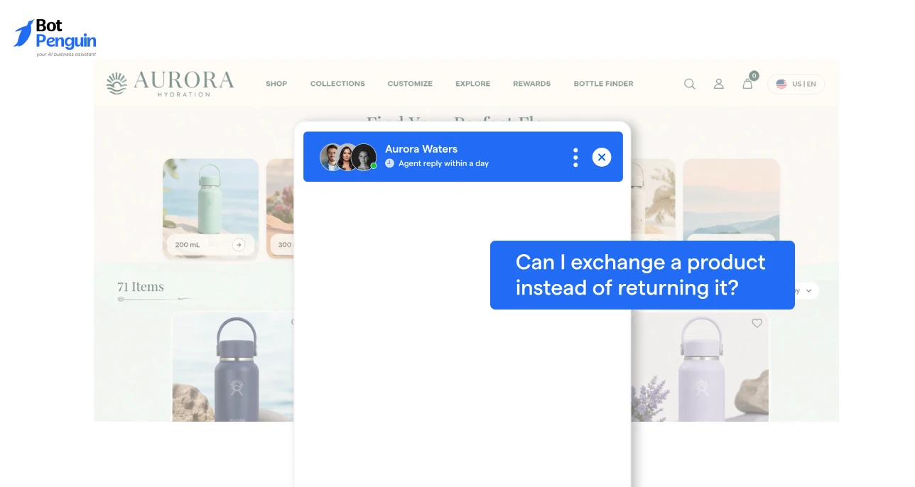 Ecommerce live chat welcome message example for product and return queries
