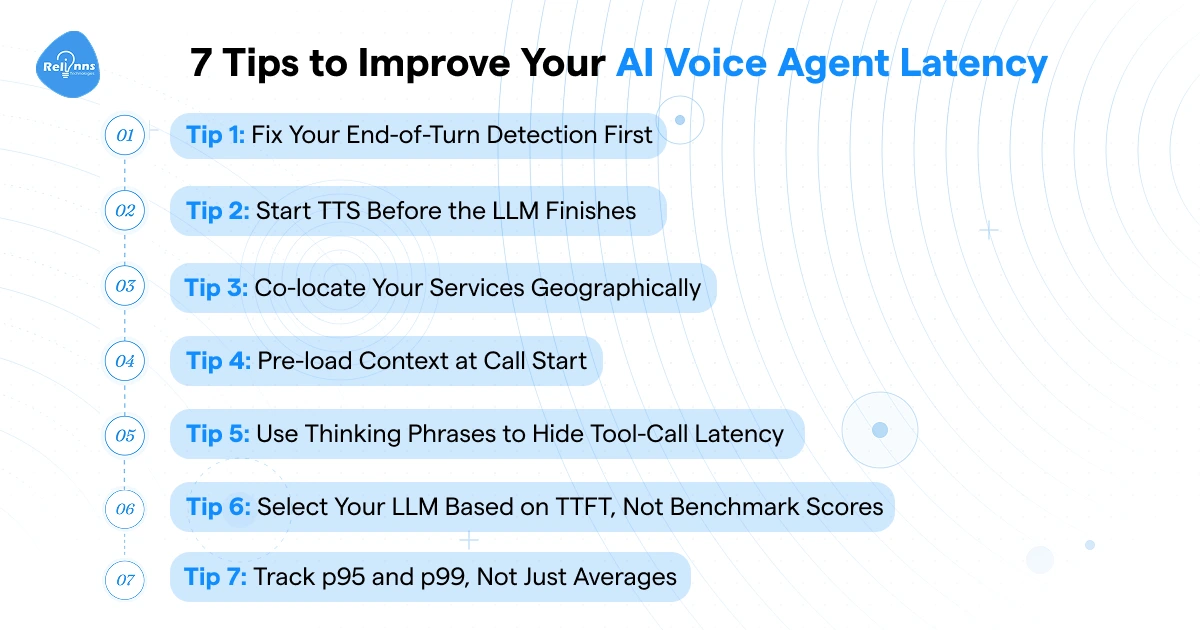 Seven tips to improve AI voice agent latency, including faster turn detection, TTS, context loading, and p95 tracking.