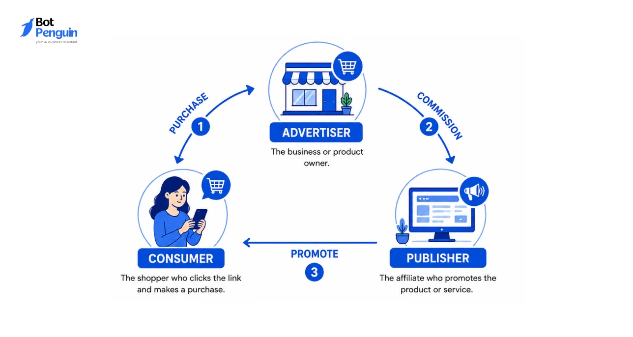Simple explanation of how affiliate marketing works between advertisers, publishers, and consumers