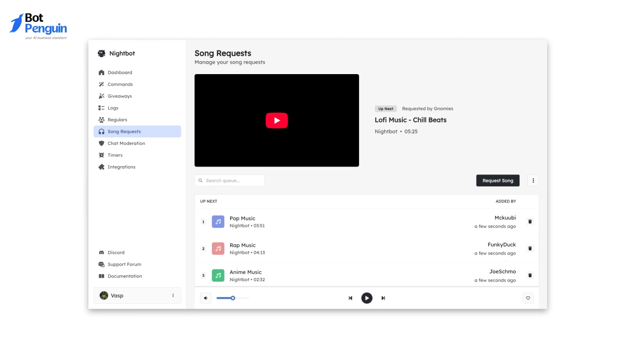 Nightbot song request feature for managing music playlists during Twitch streams