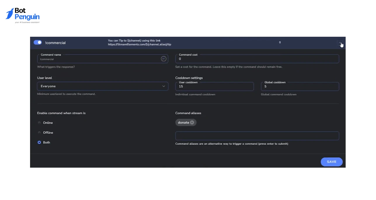 Nightbot !commercial command settings for running Twitch stream ads automatically