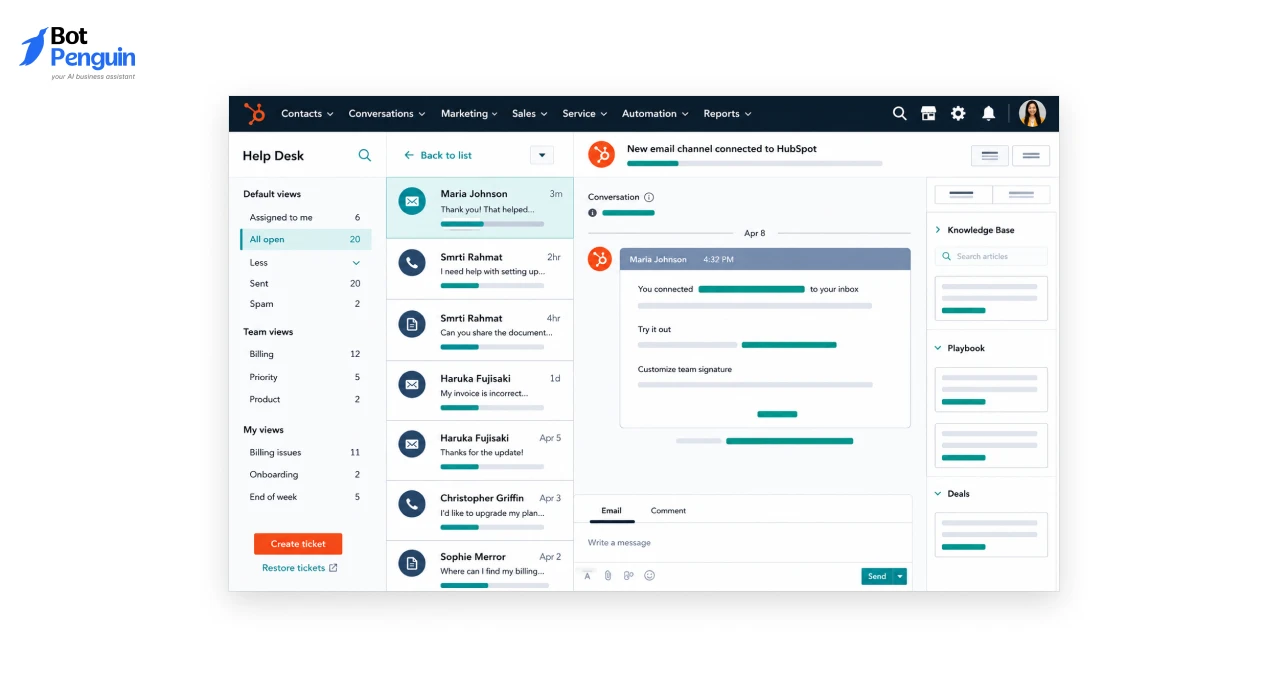 HubSpot ecommerce marketing automation dashboard for customer support and workflow management