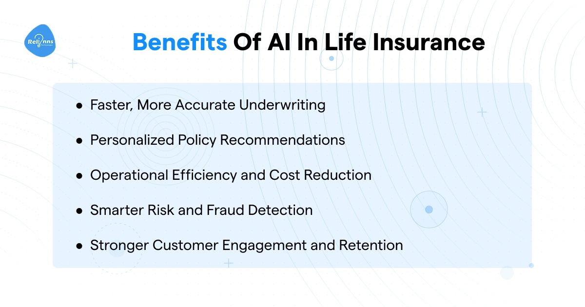 Five benefits of AI in life insurance including faster underwriting, personalized policy recommendations, operational efficiency, fraud detection, and customer retention