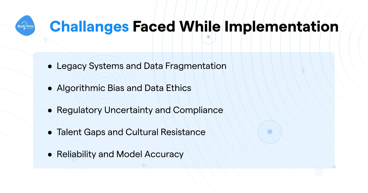 Five challenges faced while implementing AI in life insurance including legacy systems, algorithmic bias, regulatory compliance, talent gaps, and model accuracy