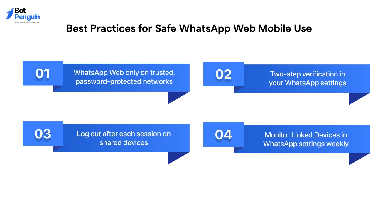 WhatsApp Web security best practices including two-step verification, trusted networks, logout management, and device monitoring