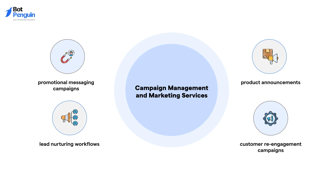 WhatsApp campaign management services featuring promotional messaging, lead nurturing workflows, product announcements, and customer re-engagement campaigns.
