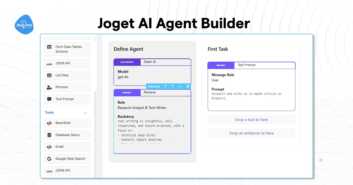 Joget AI Agent Builder interface showing the Define Agent panel with an OpenAI LLM service and Persona prompt, next to a First Task panel with a Text Prompt and slots to drop a tool or enhancer.