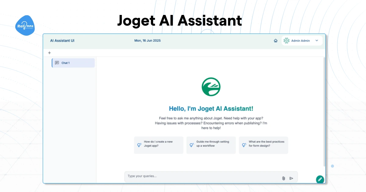 Joget AI Assistant chat interface with a welcome message and three suggested questions, including how to create a new Joget app and set up a workflow.